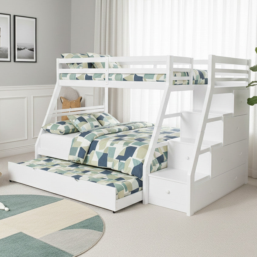 ASMARA White Twin over Full 65" Height Stairway Bunk Bed (RTA)