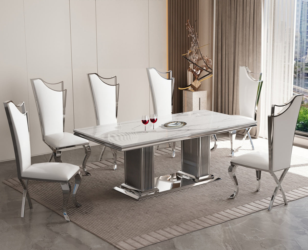 ASTARA Real Marble White & Silver 7 Piece Dining Set