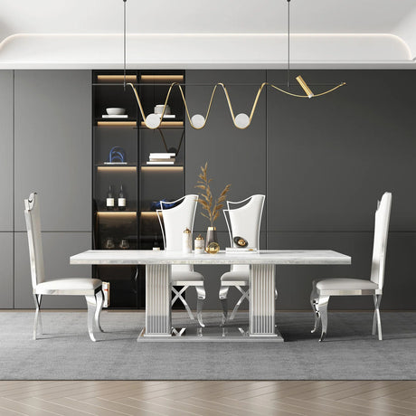 ASTARA Real Marble White & Silver 7 Piece Dining Set