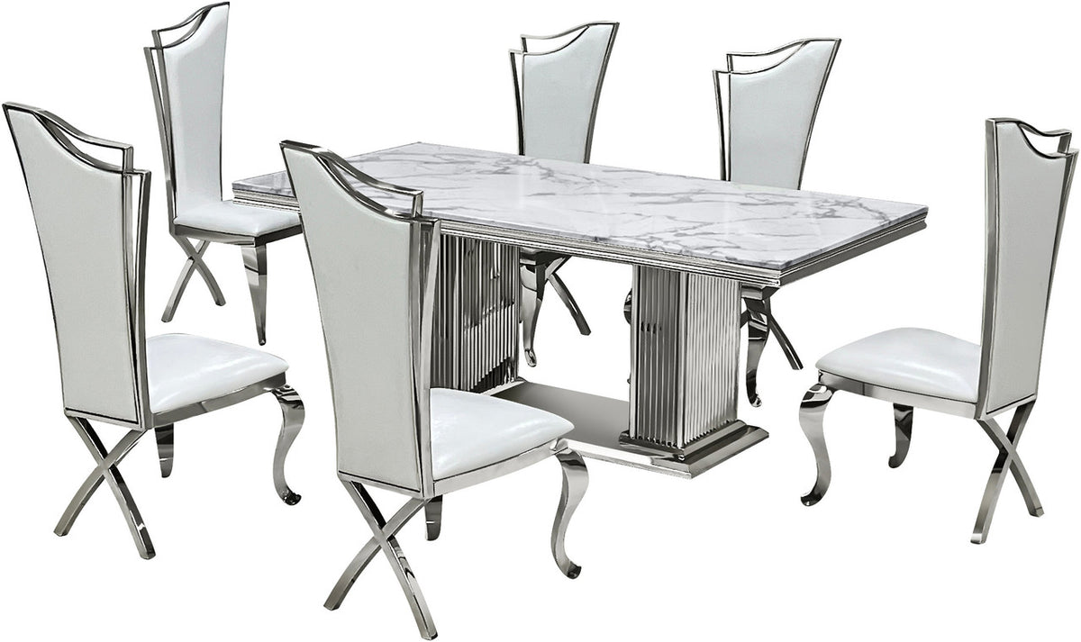 ASTARA Real Marble White & Silver 7 Piece Dining Set