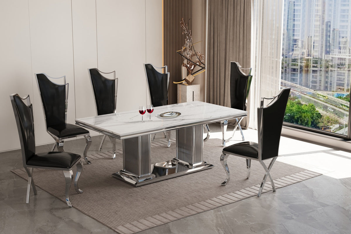 ASTARA Real Marble Black & Silver 7 Piece Dining Set