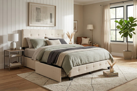 ASTURIA Beige Linen 41" Height Platform Bed with 4 Drawers