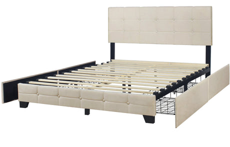 ASTURIA Beige Linen 41" Height Platform Bed with 4 Drawers