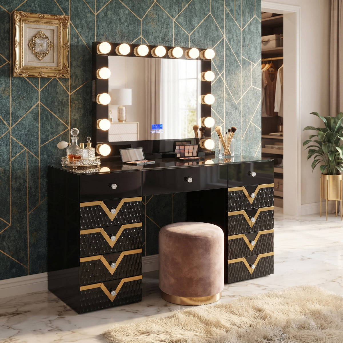 AURELIUS Glossy Black & Gold 55" Wide Vanity with Bluetooth Speakers