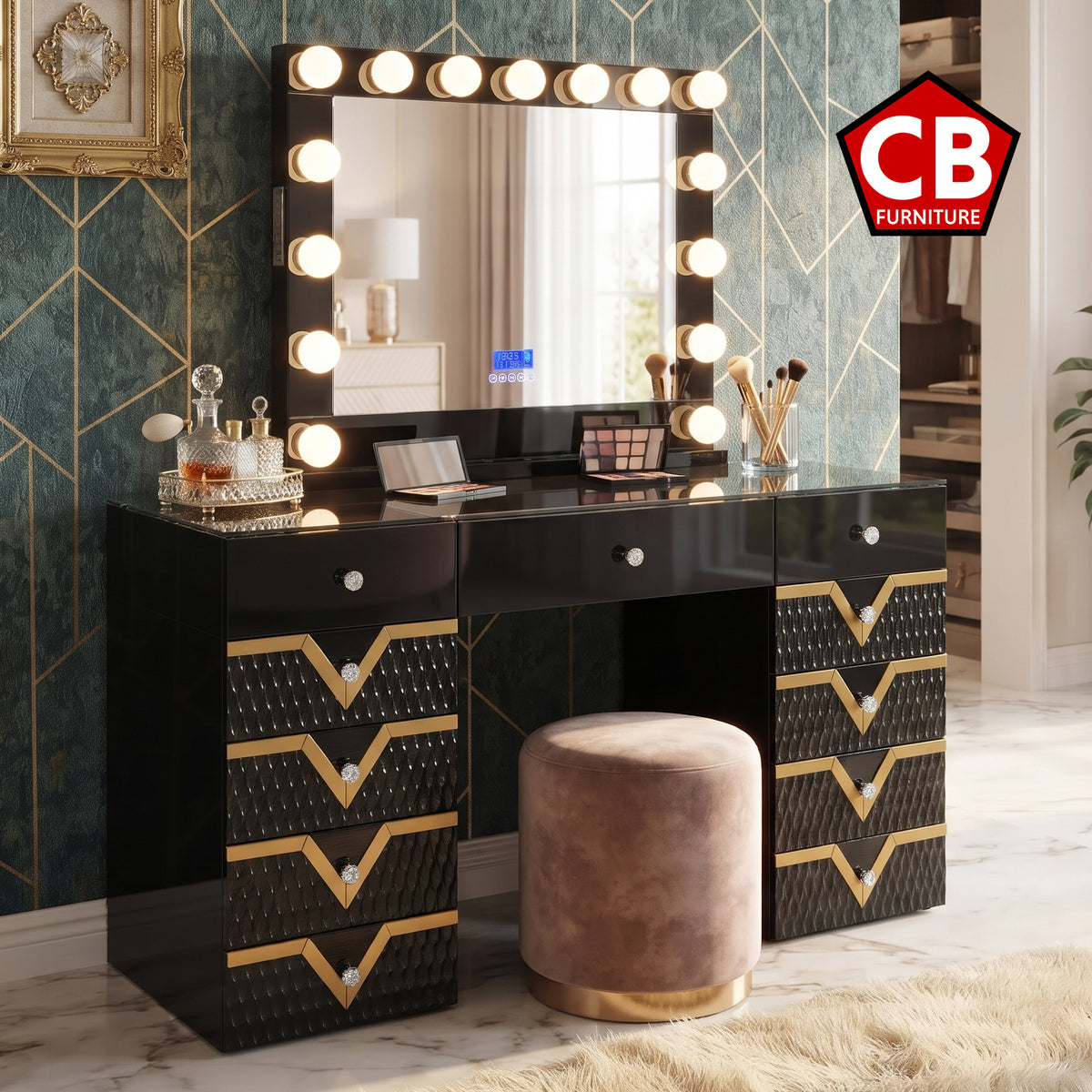 AURELIUS Glossy Black & Gold 55" Wide Vanity with Bluetooth Speakers