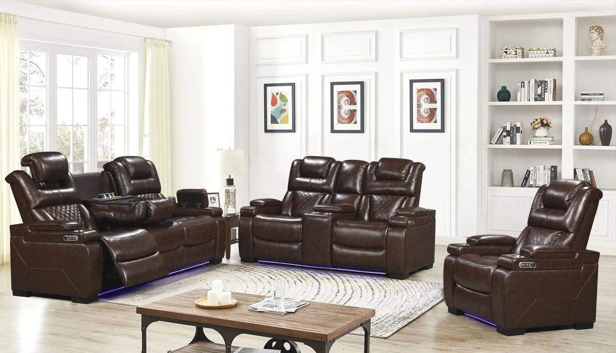 WOODLAND Brown 3 Piece Reclining Livingroom with LED Lighting