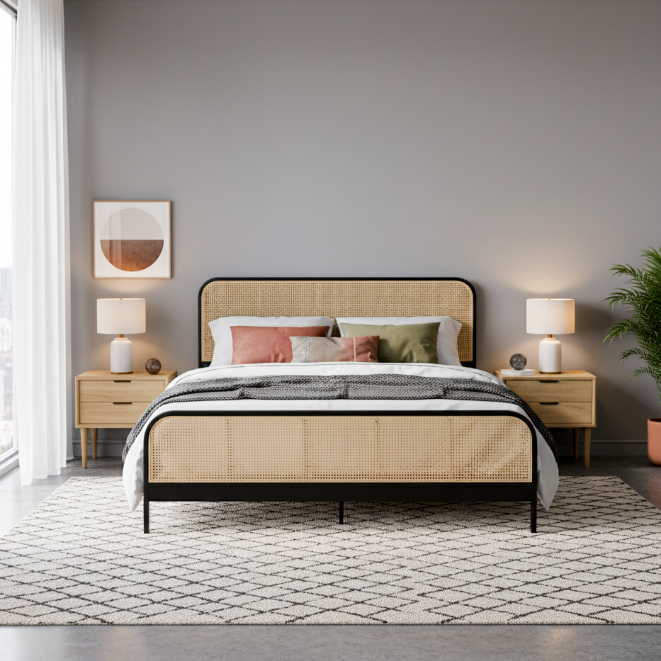 BAUER Black Metal & Rattan 52" Height Bed