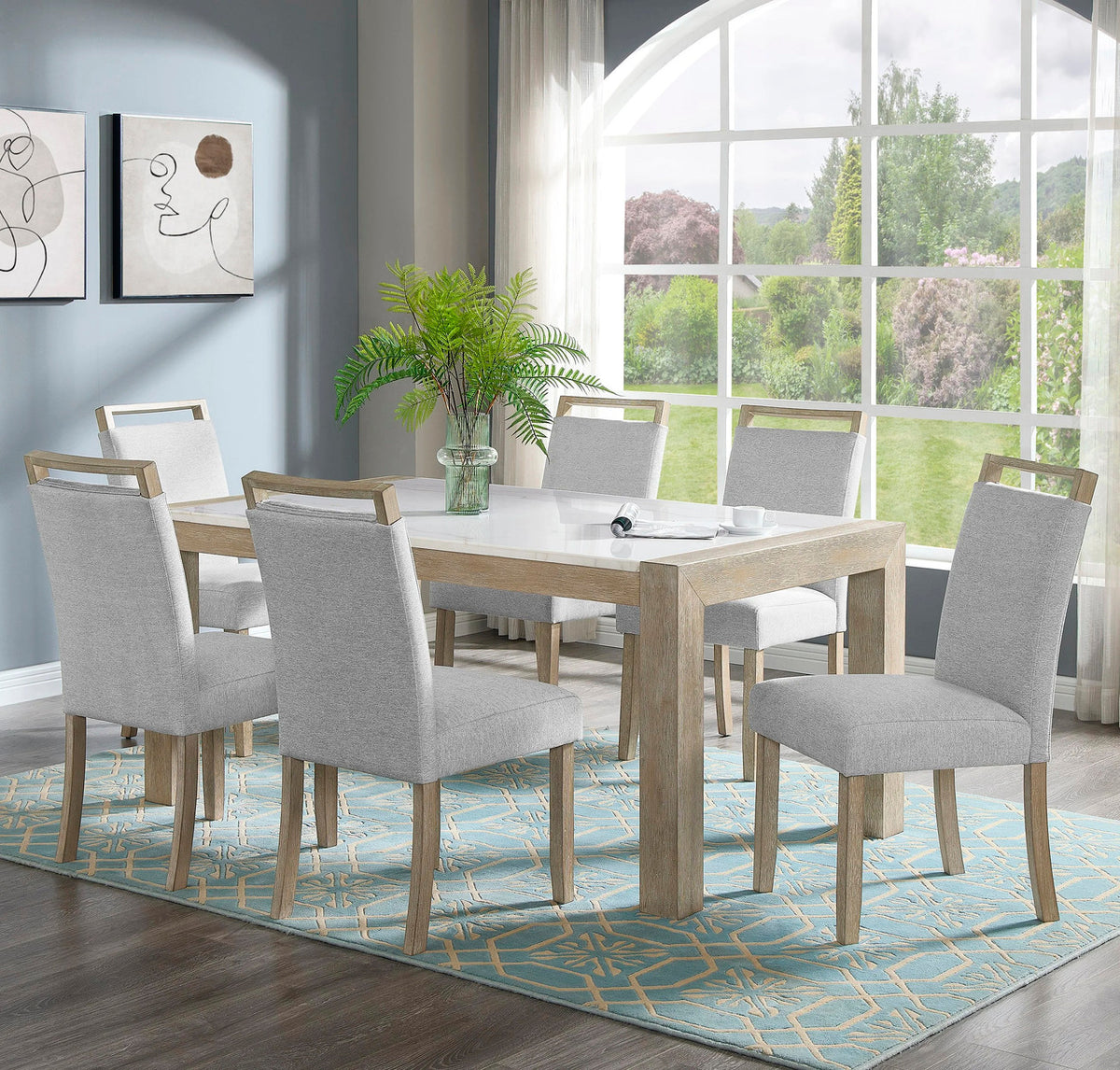 BAYSIDE Greige Real Marble 7 Piece Dining Set