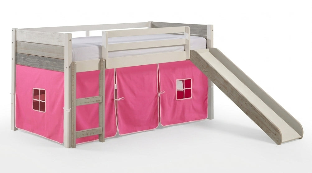 BENTON White 44" Height Twin Loft With Slide & Pink Tent