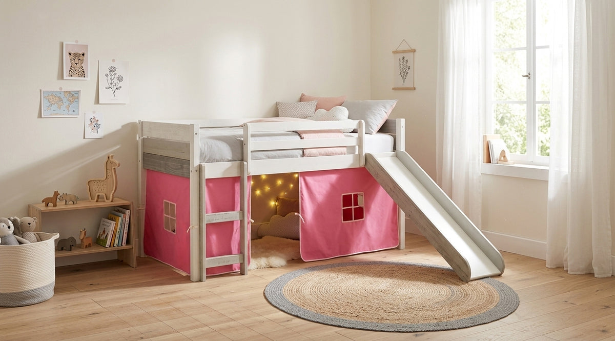 BENTON White 44" Height Twin Loft With Slide & Pink Tent