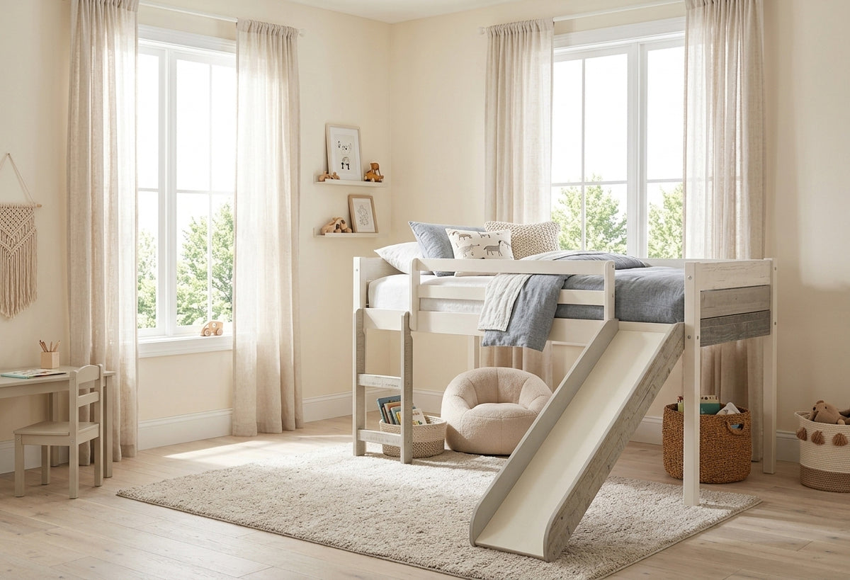 BENTON White 44" Height Twin Loft Bed with Slide