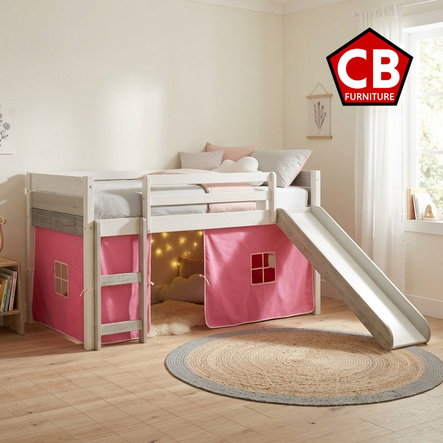 BENTON White 44" Height Twin Loft With Slide & Pink Tent