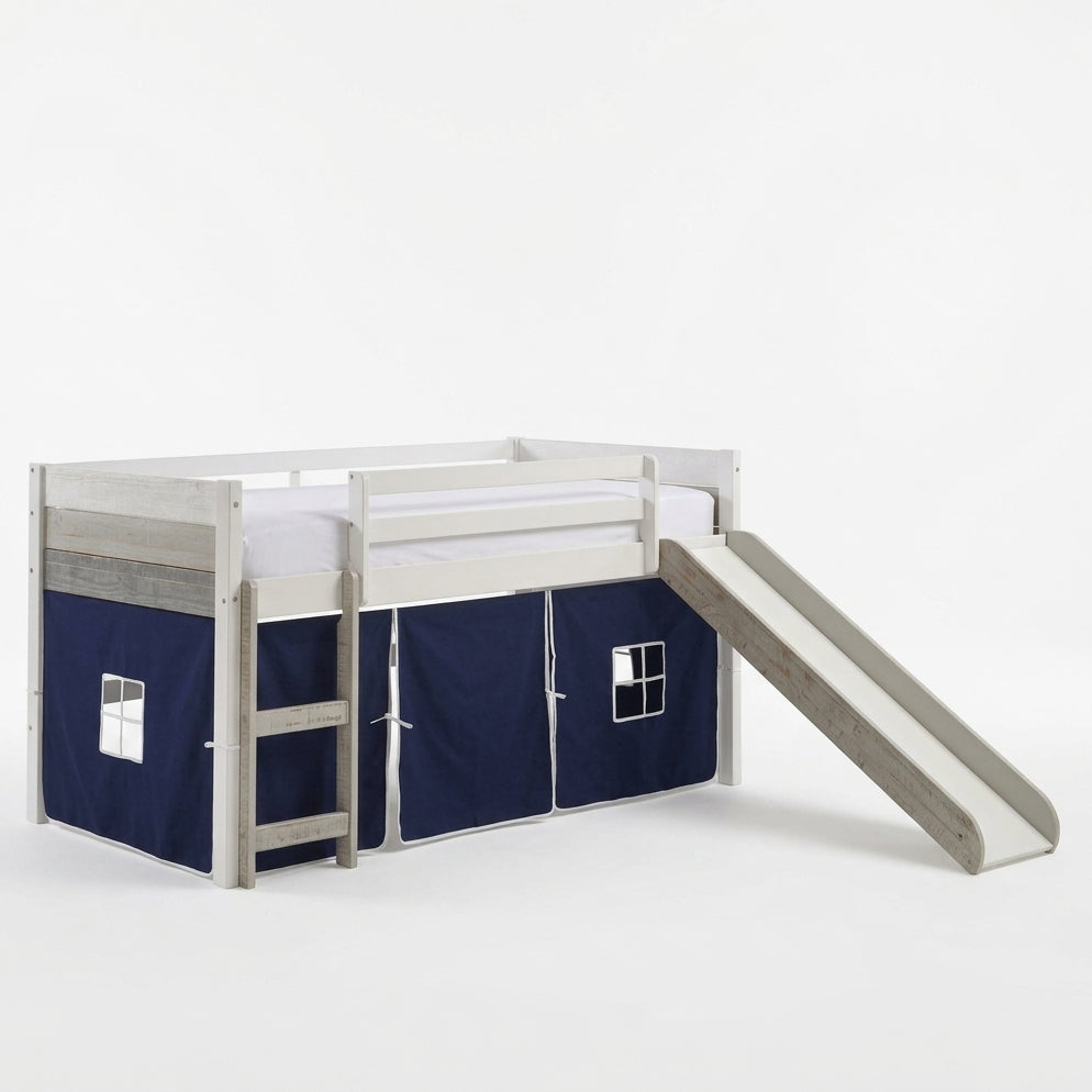 BENTON White 44" Height Twin Loft Bed with Slide & Blue Tent