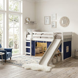 BENTON White 44" Height Twin Loft Bed with Slide & Blue Tent