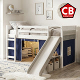 BENTON White 44" Height Twin Loft Bed with Slide & Blue Tent