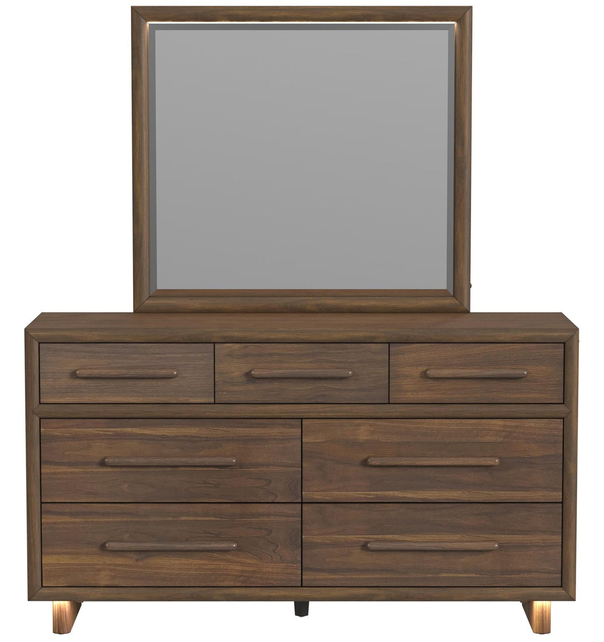 BERKLEY Walnut 65" Wide Dresser & Mirror with LED Lights