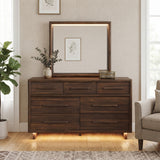 BERKLEY Walnut 65" Wide Dresser & Mirror with LED Lights