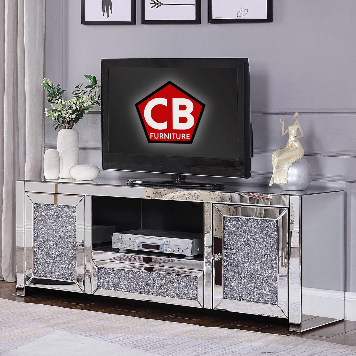 BLITZEN Mirrored 59" Wide TV Stand with LED Lights
