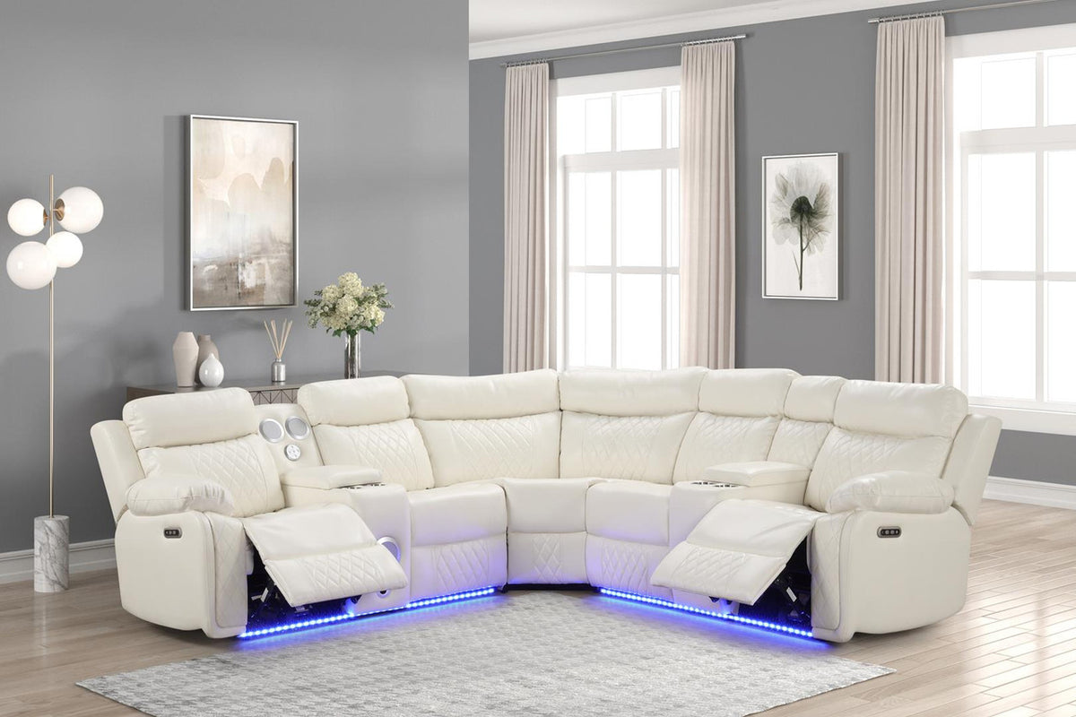 BORGNE White 100" Wide Power Reclining Sectional with Speakers