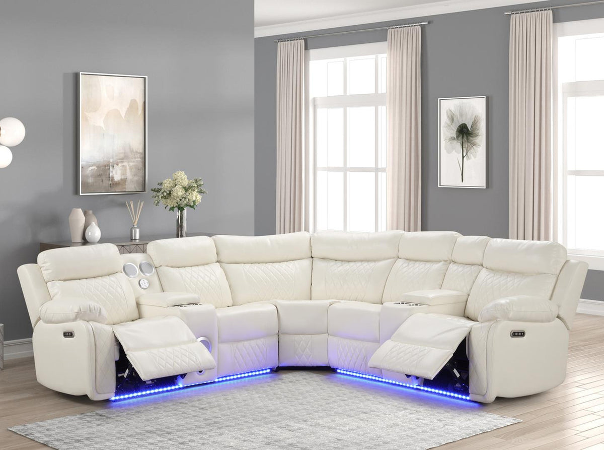 BORGNE White 100" Wide Power Reclining Sectional with Speakers