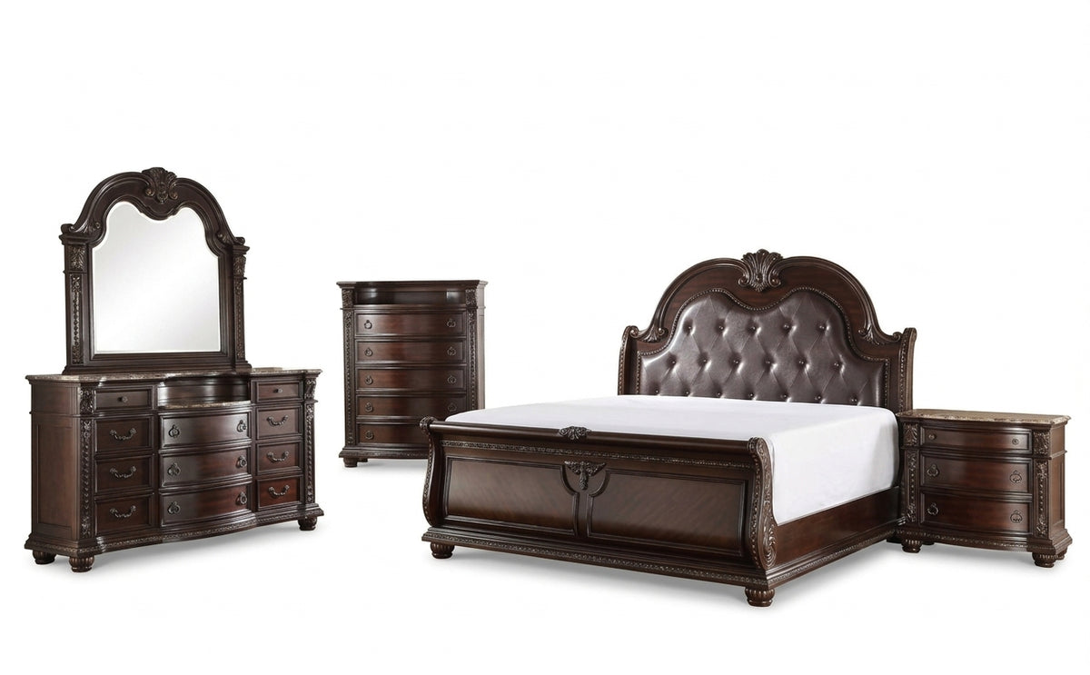 BOWEN Dark Cherry Bedroom Set with Marble Tops