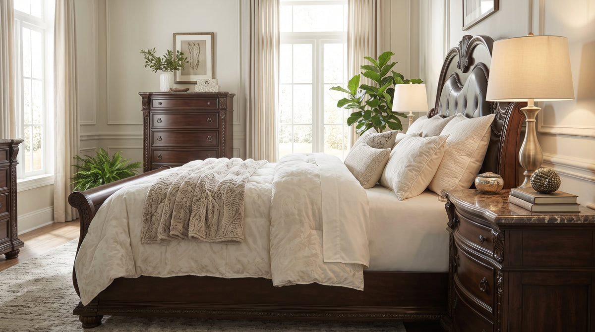 BOWEN Dark Cherry Bedroom Set with Marble Tops