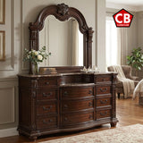 BOWEN Cherry Brown 69" x 91" Height Dresser & Mirror with Marble-Tops