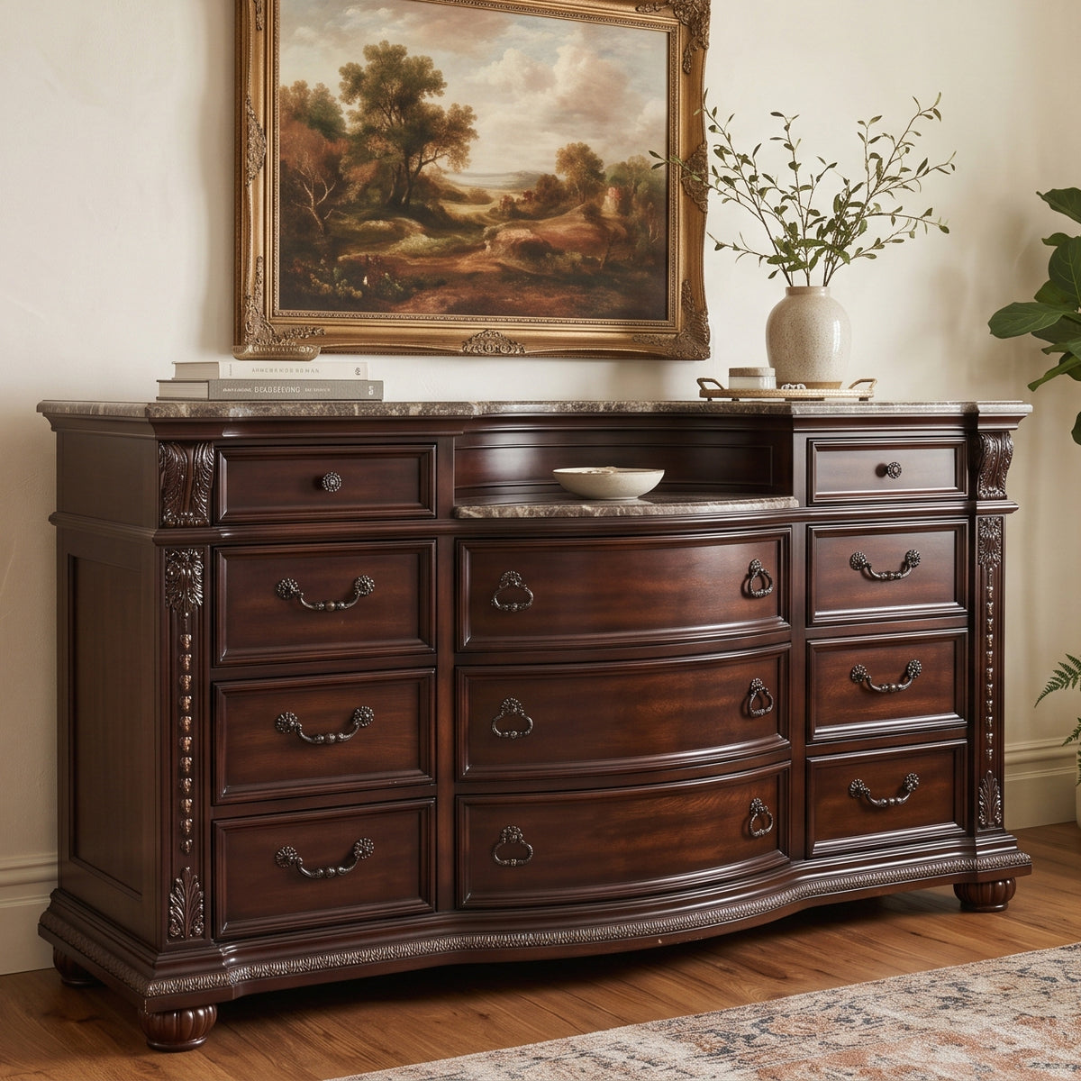 BOWEN Cherry Brown 69" x 41" Height Dresser with Marble-Tops