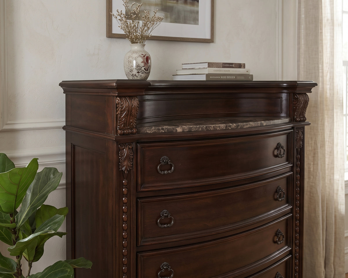 BOWEN Dark Cherry Bedroom Set with Marble Tops