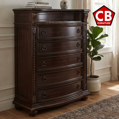 BOWEN Dark Cherry Bedroom Set with Marble Tops