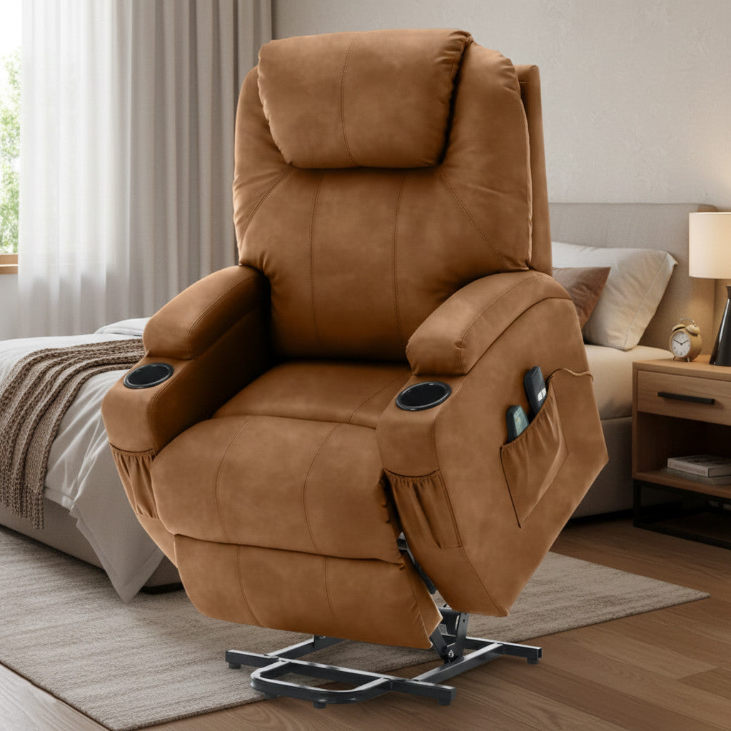 BOYER Brown Microsuede 33" Wide x 43" Height Power-Lift Recliner | with Vibration-Massage, Heating and Cupholders