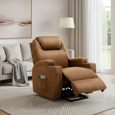 BOYER Brown Microsuede 33" Wide x 43" Height Power-Lift Recliner | with Vibration-Massage, Heating and Cupholders