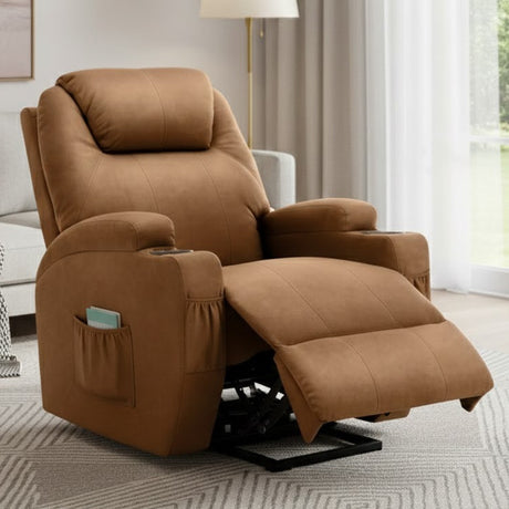 BOYER Brown Microsuede 33" Wide x 43" Height Power-Lift Recliner | with Vibration-Massage, Heating and Cupholders