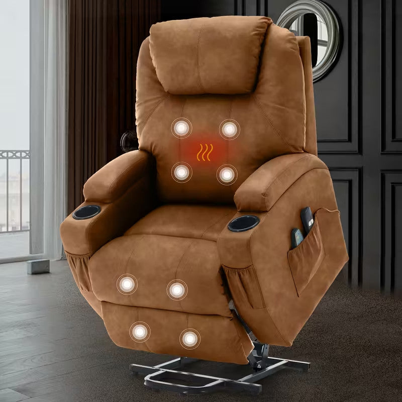 BOYER Brown Microsuede 33" Wide x 43" Height Power-Lift Recliner | with Vibration-Massage, Heating and Cupholders