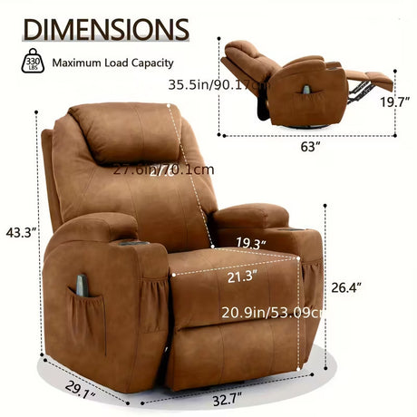 BOYER Brown Microsuede 33" Wide x 43" Height Power-Lift Recliner | with Vibration-Massage, Heating and Cupholders