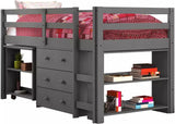 BRAD Gray Low Loft Platform Bed with Roll Out Desk and Storage