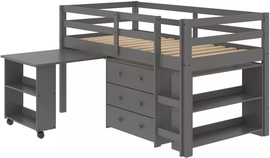 BRAD Gray Low Loft Platform Bed with Roll Out Desk and Storage