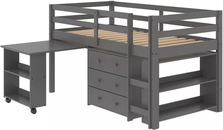 BRAD Gray Low Loft Platform Bed with Roll Out Desk and Storage