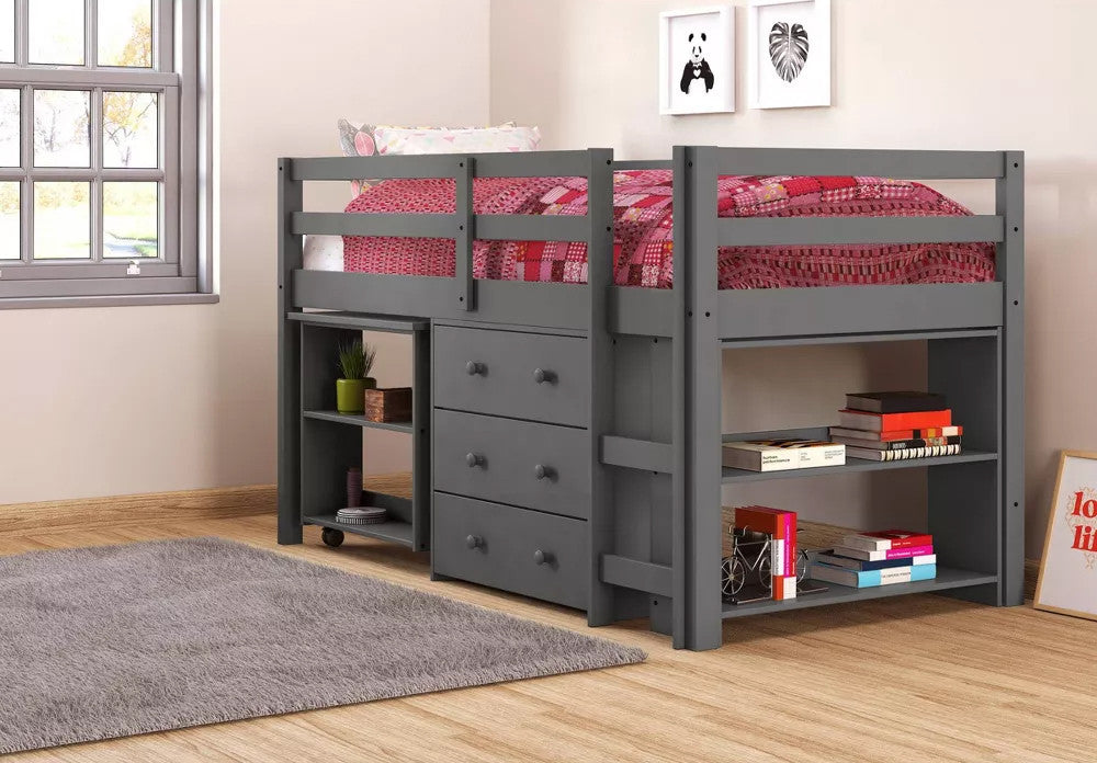 BRAD Gray Low Loft Platform Bed with Roll Out Desk and Storage