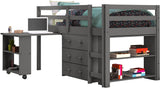 BRAD Gray Low Loft Platform Bed with Roll Out Desk and Storage