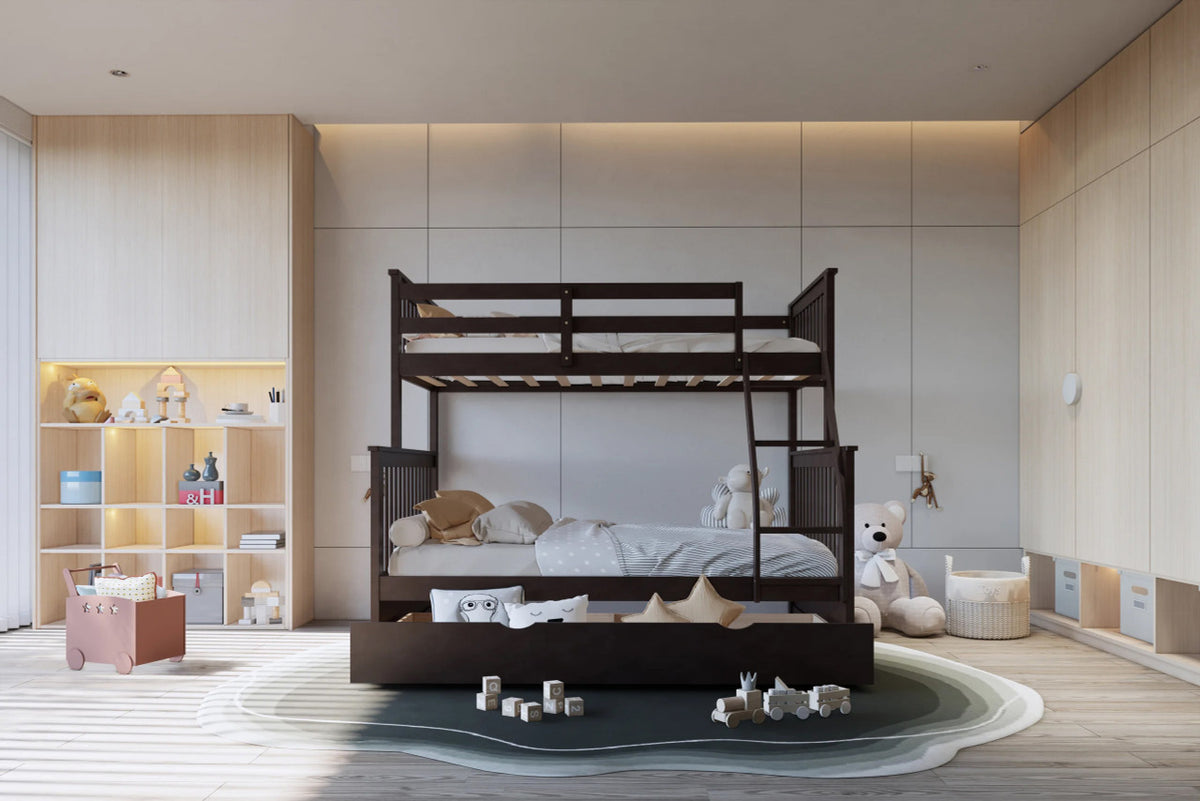 BRETT Dark Brown Twin over Full Bunk Bed with Trundle/Sorage