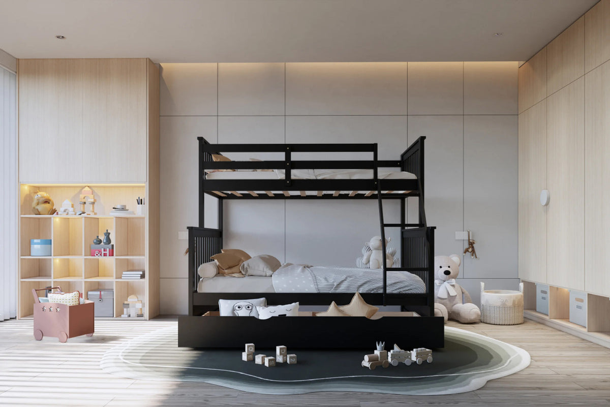 BRETT Black Twin over Full Bunk Bed with Trundle/Sorage