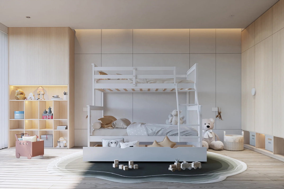 BRETT White Twin over Full Bunk Bed with Trundle/Sorage