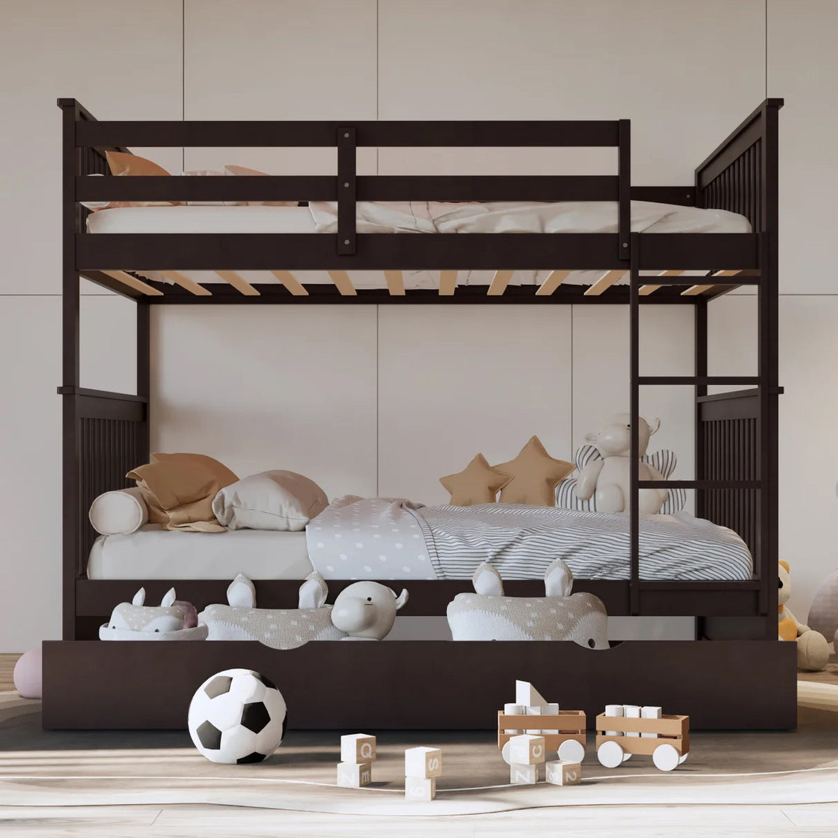 BRETT Dark Brown Full over Full Bunk Bed with Trundle/Sorage