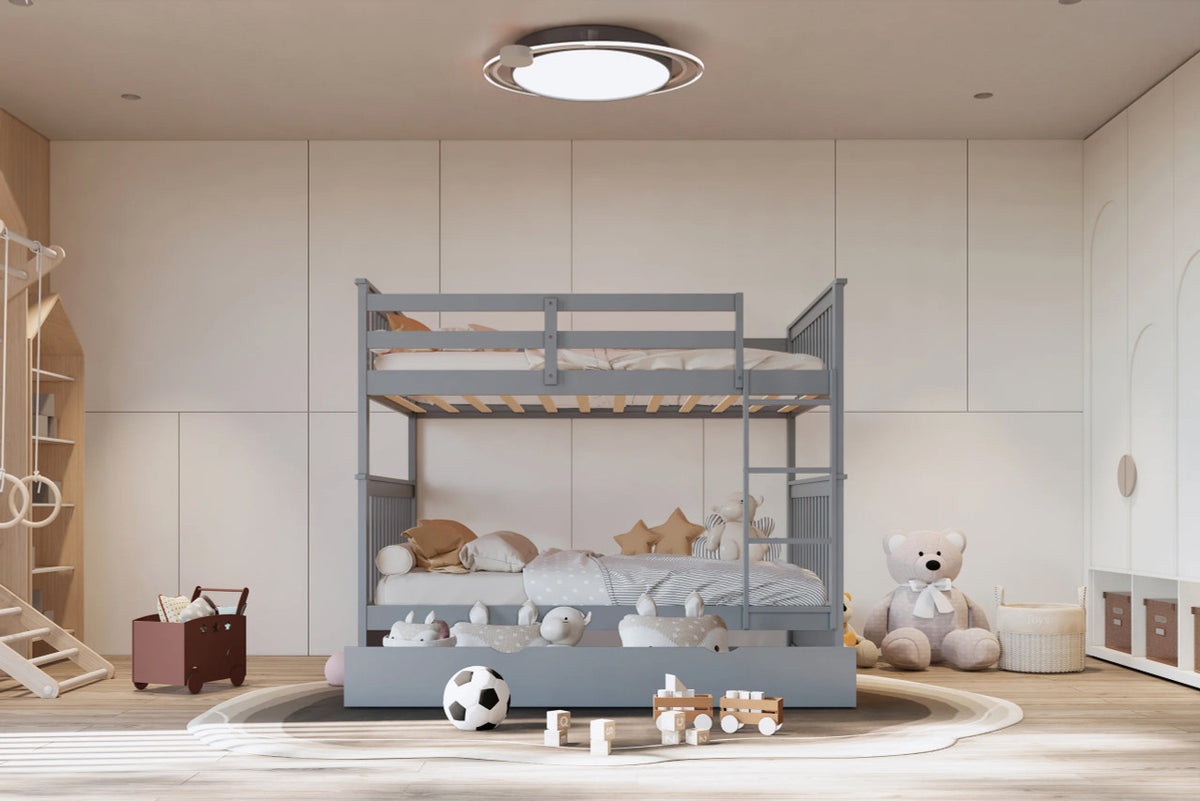BRETT Gray Full over Full Bunk Bed with Trundle/Sorage