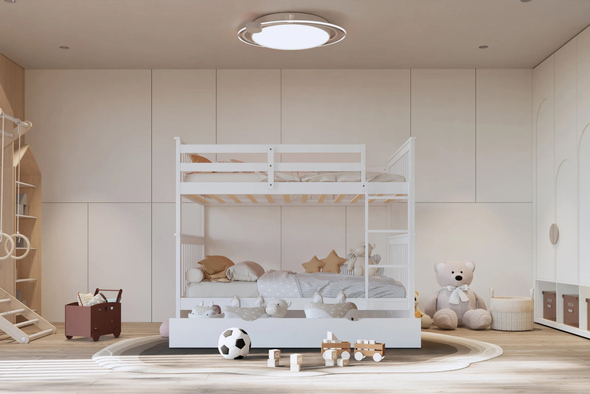 BRETT White Full over Full Bunk Bed with Trundle/Sorage