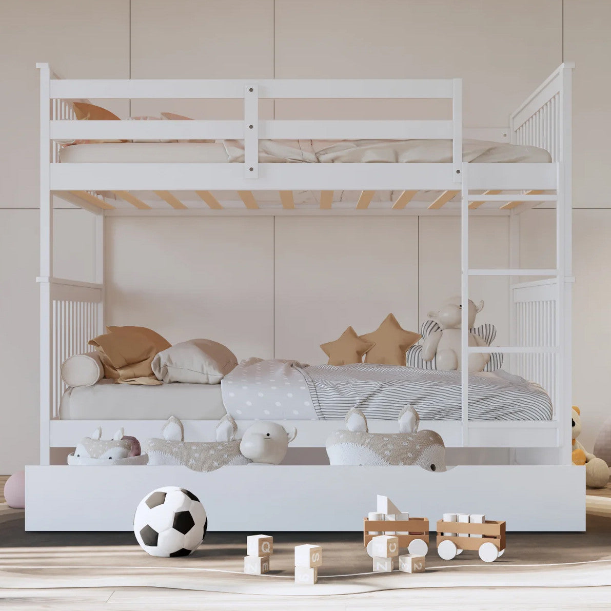 BRETT White Full over Full Bunk Bed with Trundle/Sorage