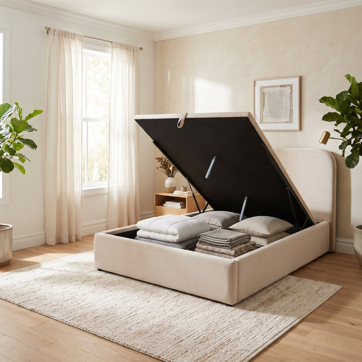 BRIDGEPORT Beige 49" Height Platform Bed with Lift-Up Storage
