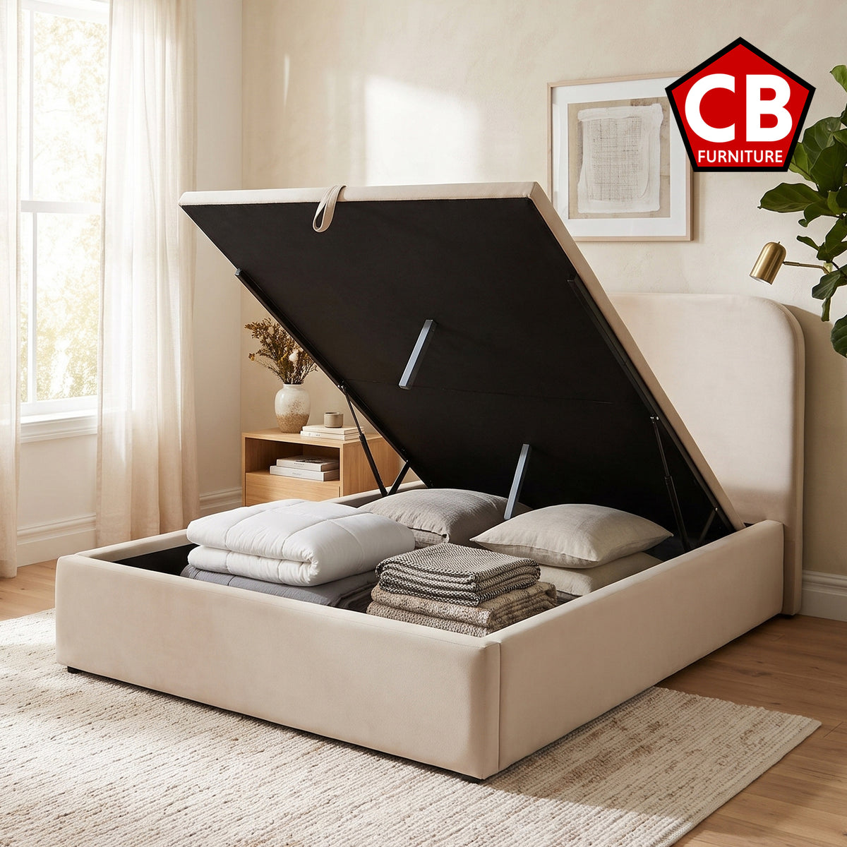 BRIDGEPORT Beige 49" Height Platform Bed with Lift-Up Storage
