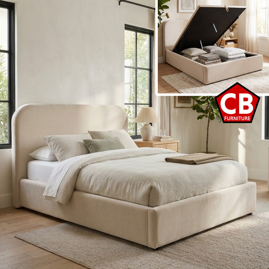 BRIDGEPORT Beige 49" Height Platform Bed with Lift-Up Storage